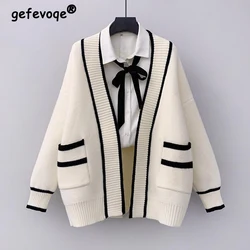 Women Trendy College Style Y2K Oversized Knitted Cardigan Autumn Winter Female V Neck Long Sleeve Casual Streetwear Sweater Coat