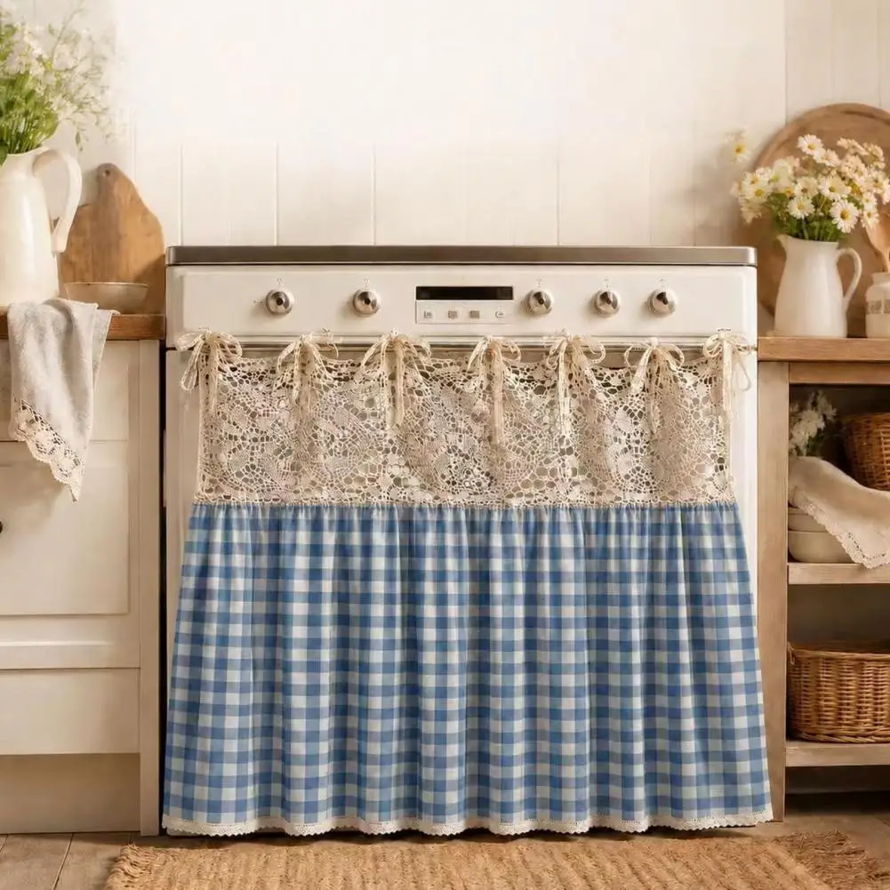 Kitchen Oven Handle Cover Decorative Oven Handle Sleeve Farmhouse Stove Skirt with Plaid Crochet Lace Cotton Blend Oven Curtain