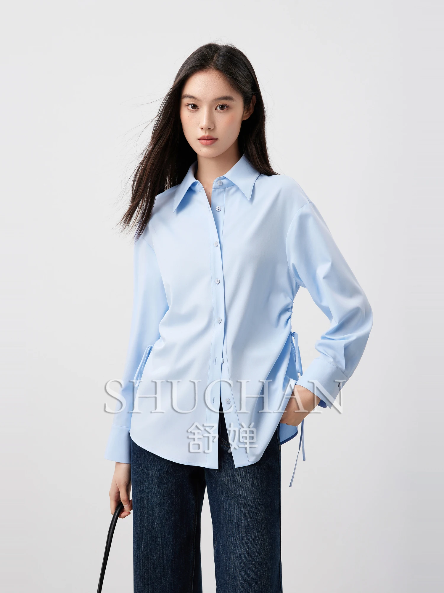 good quality 25 autumn, temperament attendance, side drawstring waist design, bamboo fiber versatile lapel shirt women