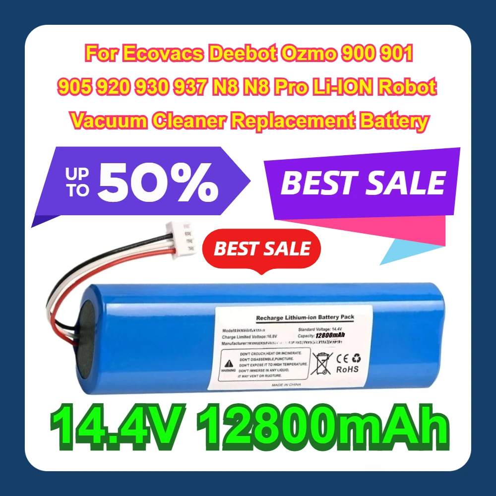 

14.4V 12800mAh For Ecovacs Deebot Ozmo 900 901 905 920 930 937 N8 N8 Pro Li-ION Robot Vacuum Cleaner Replacement Battery