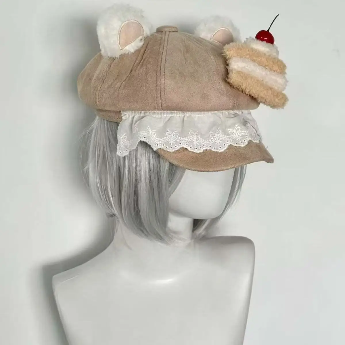 Harajuku Gothic Women Y2k Girl Lovely Bear Ear Sweet Cake Strawberry Cake Fish Beret Hats Chic Streetwear Lolita Octagonal Cap