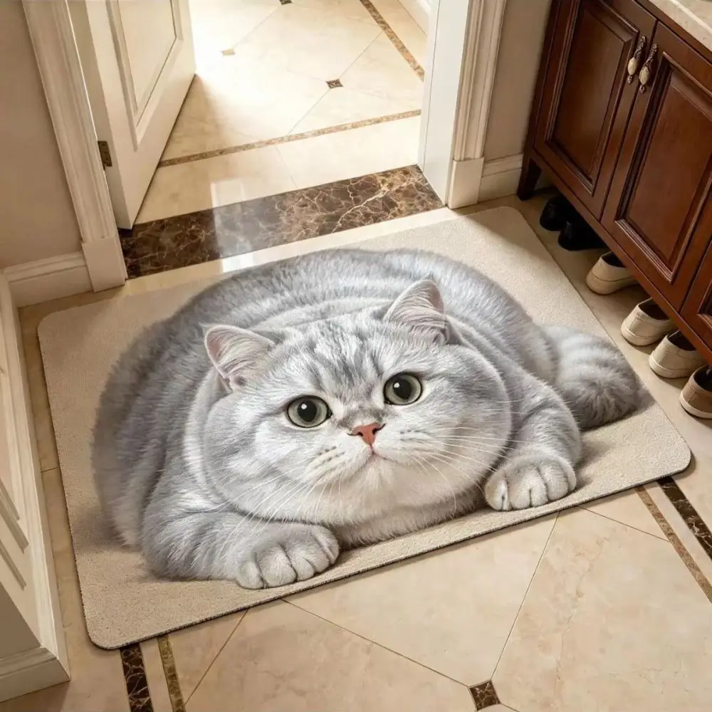 Cute Diatomite Cat Print Doormat Absorbent Non-slip Entryway Rug Washable Wear-resistant Pet Floor Mat Hallway