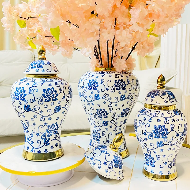 22x22x43cm New Chinese Light Luxury Electroplated Gold Blue-Glazed Blue and White Ceramic General Vase Room Ornament Home Gift