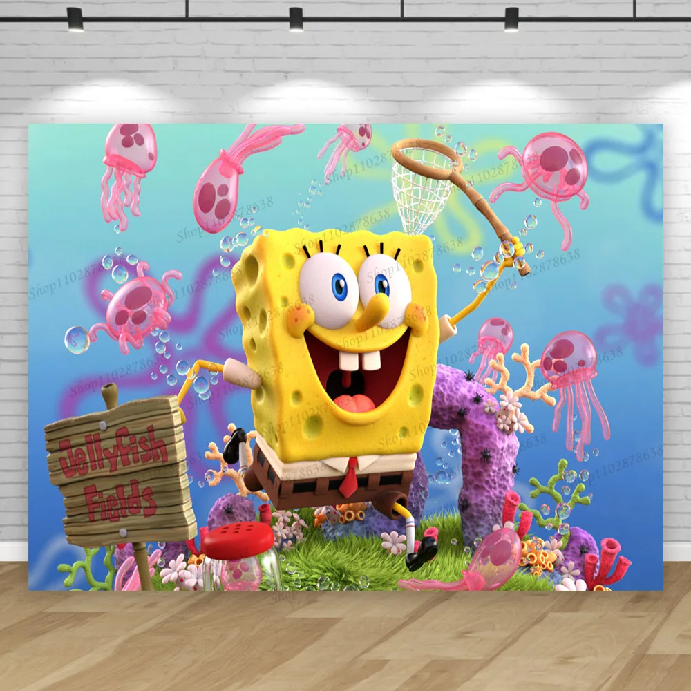 

Boy Kid Sponge-Bob Birthday Party Background Decoration Yellow Seabed Patrick Star Backdrop Photography Props Banner Photo