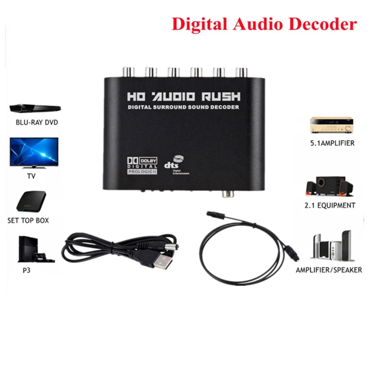 Digital to Analog 5.1 Audio Decoder Amplifier+Fiber Optic Cable SPDIF Coaxial to RCA AC3 Optical Analog Converter for TV