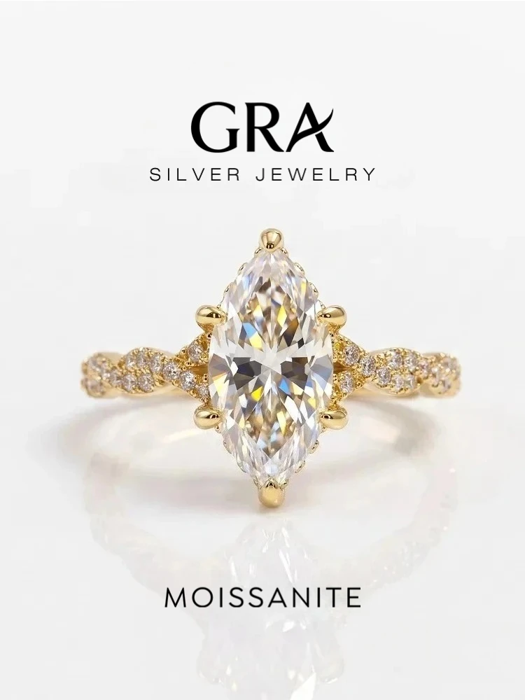 GRA Fashion Echter 2CT Marquise Moissanit Diamant Ehering 925 Sterling Silber Verlobungsringe für Frauen Geschenk Feiner Schmuck