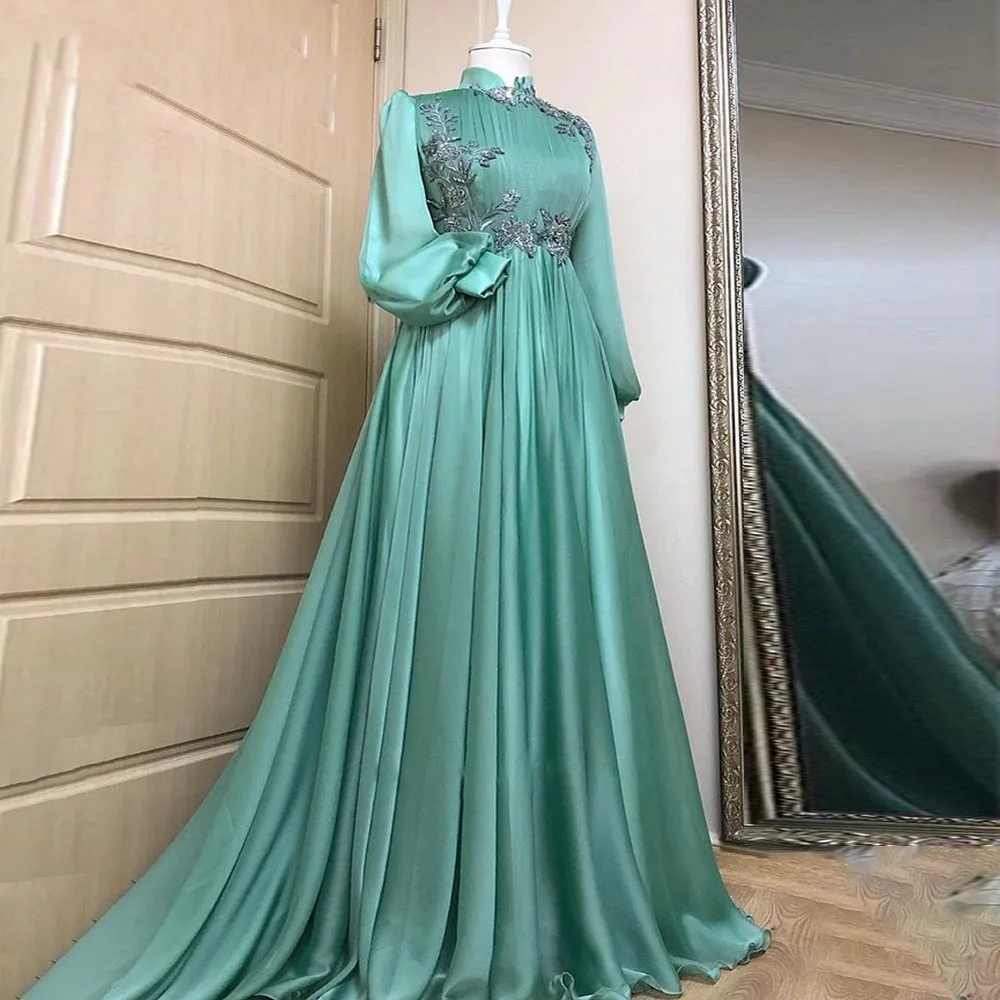 

Green Moroccan Evening Dresses Applique Formal Gown Arabic Dubai Muslim Long Sleeves Caftan Prom Dress Women Party Dresses