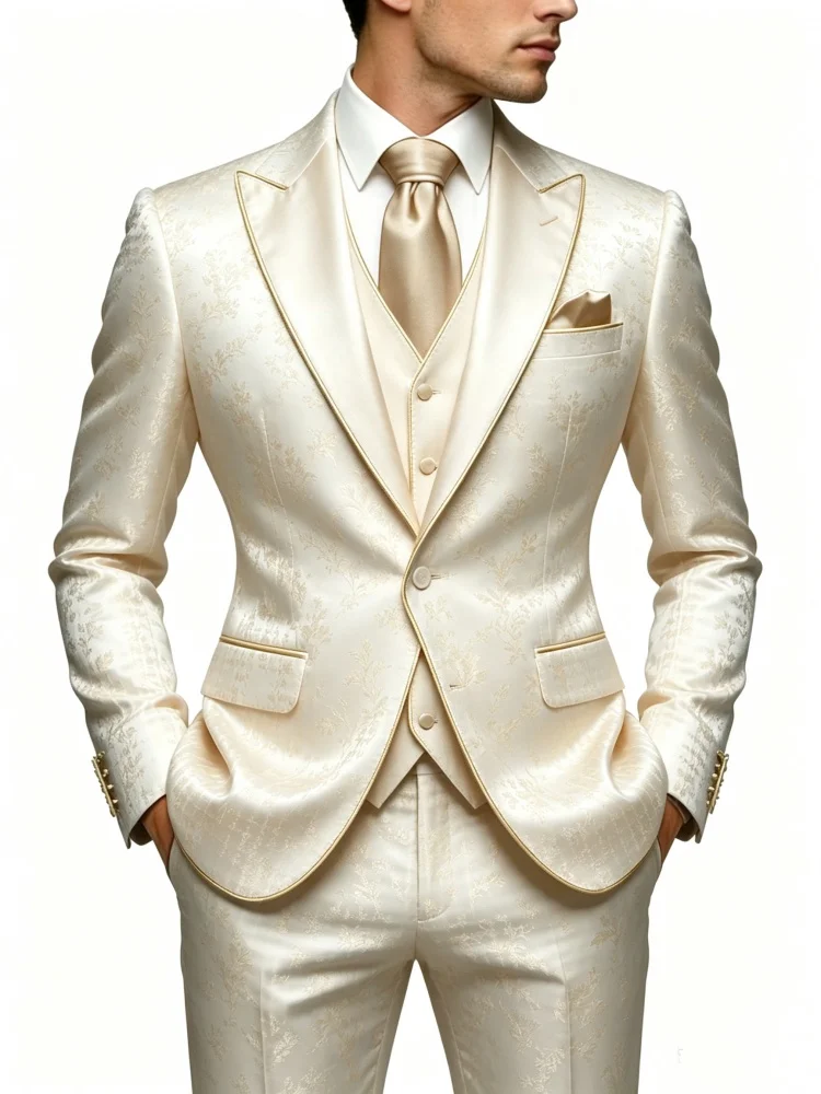 Mens Slim Fit Single One Button Shiny Satin Floral Jacquard Formal Wedding Tuxedo Blazer Jacket