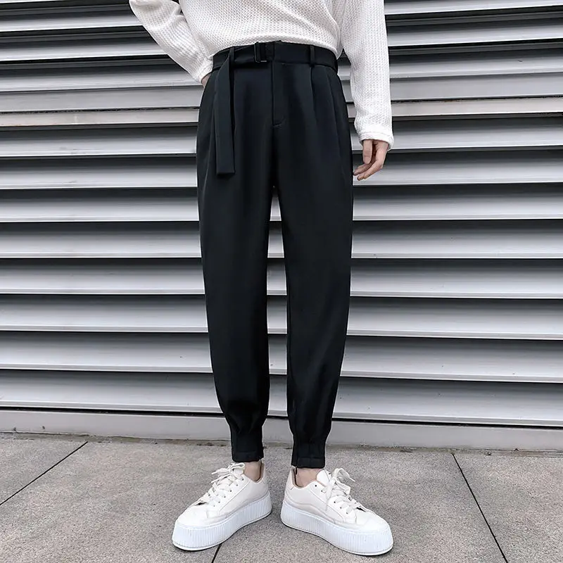 Harlan Trousers for Men Plus Big Size White Pleated with Belt 9 Cropped Elegant Up Stylish Man Suits Pants Korean Style Clothes