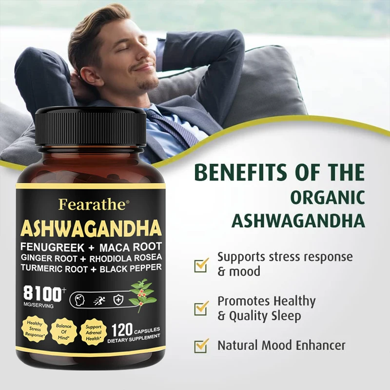 Ashwagandha Herbal Supplement 8100 Mg, 120 Capsules - Vegetarian, Non-GMO, Gluten-Free, Black Pepper, Natural Plant Complex