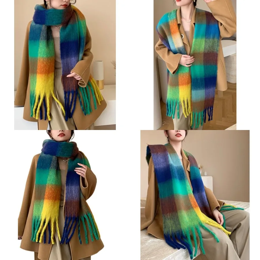 

Winter Women Warm Scarf Long Shawl Large Scarves Cold Weather Thick Blanket Scarfs Colorful Plaid, Yellow Coffe Green 39
