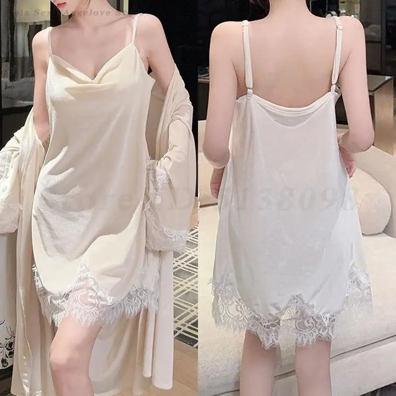 

Autumn New Velvet Nighty&Robe Set Lace Patchwork Spaghetti Strap Nightgown Sexy Morning Gown Kimono Bathrobes Night Dress