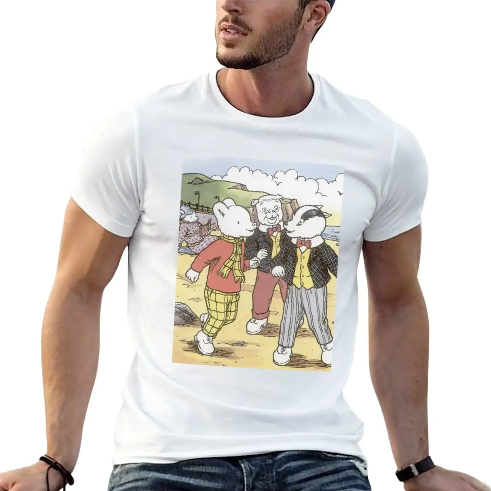 Rupert Bear, Bill Badger, and Algy Pug T-Shirt cute tops Short sleeve tee tees Men's t-shirt