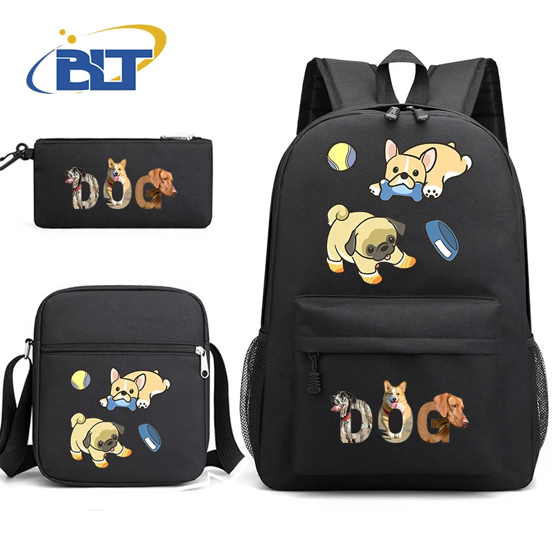 Cute dog print student school bag youth backpack shoulder bag pencil case 3-piece set kids gift