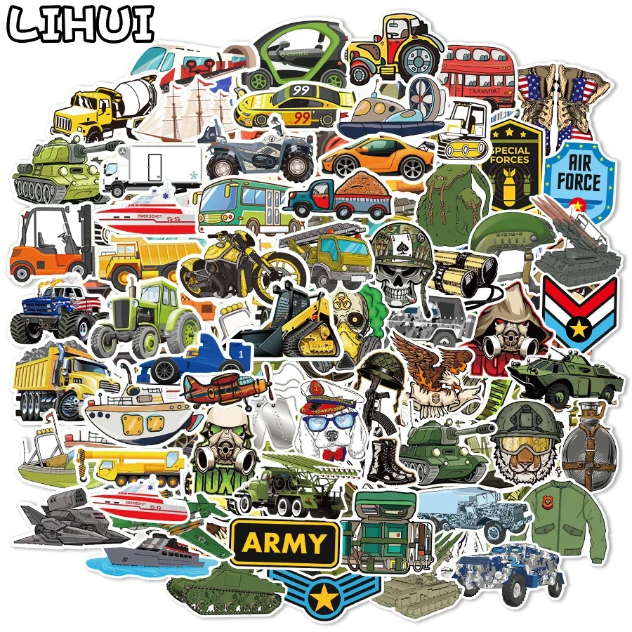 

10/100PCS Engineering Vehicle Car Stickers for Laptop Skateboard Guitar Waterproof Military Tank Sticker for Kids Skiing Decals