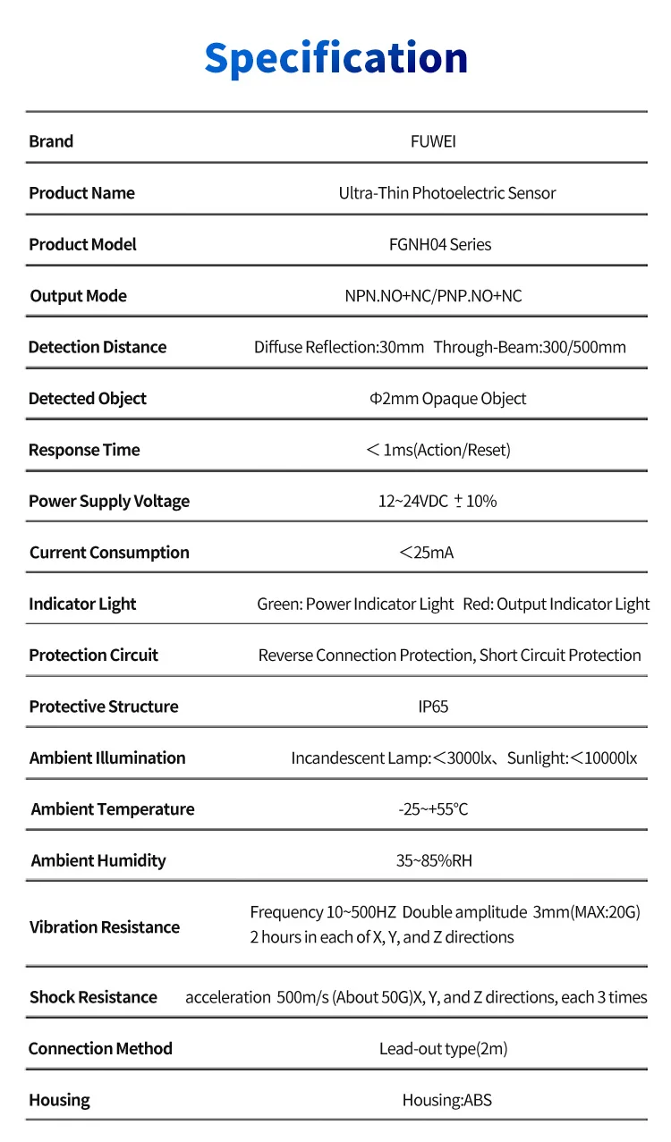 FUWEIFGNH04D-50PFT-C Präzisionserkennung Hochgeschwindigkeitsstabilität Ultradünner fotoelektrischer Sensor Micro Sensing Photoelektrisches Quadrat – Detail 8
