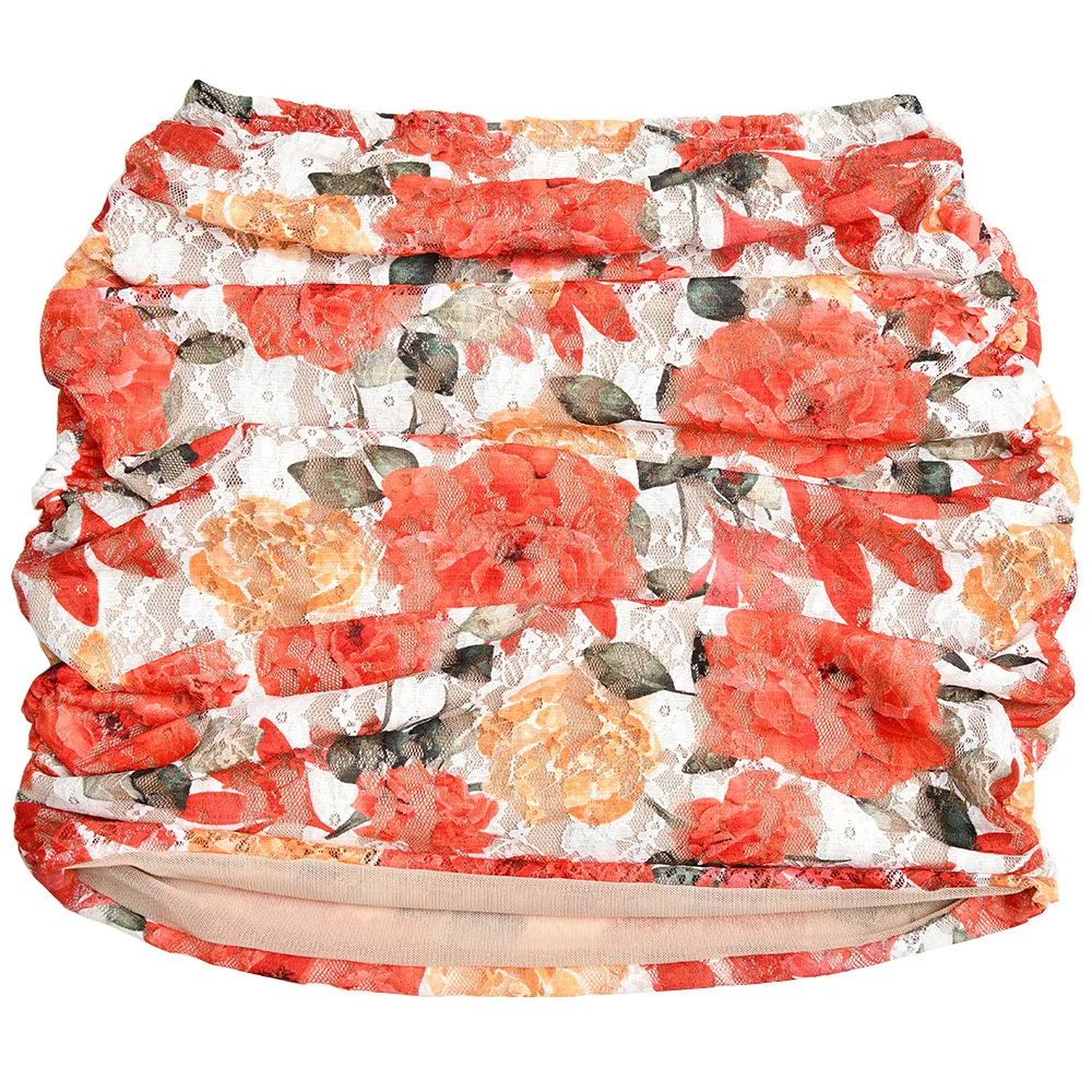 Bralette estiva Sexy di alta qualità e minigonna arricciata a vita alta in pizzo stampato floreale 2 pezzi