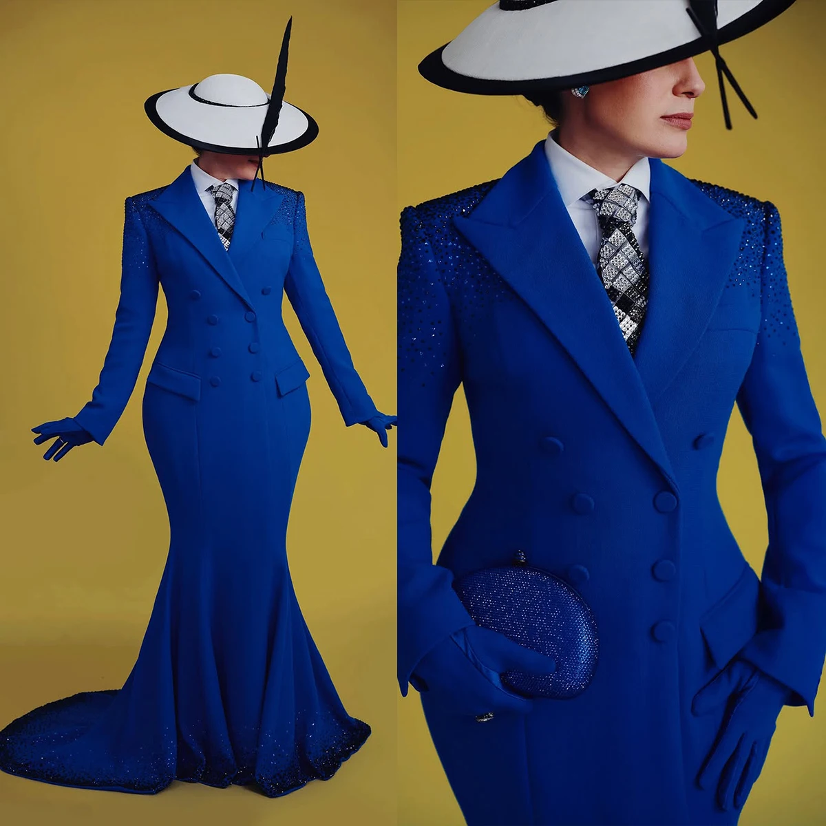 Vintage Doulde Breasted Long Jacket 1 Piece Peaked Lapel Floor Length Coat Customized Beaded Celebrity Power Dresses