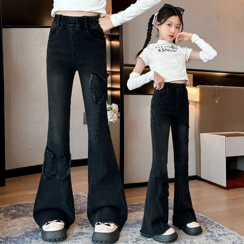 Girls' Butterfly Patch Flared Jeans - Fashion Patchwork & Frayed Edges Juvenile Youthful Casual Spring/Autumn Party Pants