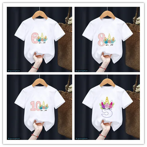 Newly Girls T-Shirt Funny Unicorn Birthday Digital Print Kids Birthday Clothing Tshirt Cute Children'S Clothing Tshirt Wholesale