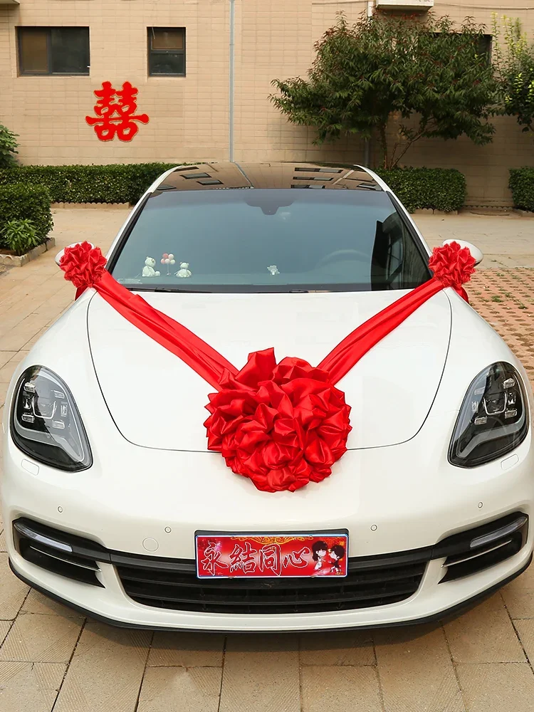 Wedding car decoration front flower big red flower ball car new car red silk cloth red hydrangea opening ceremony ribbon cutting