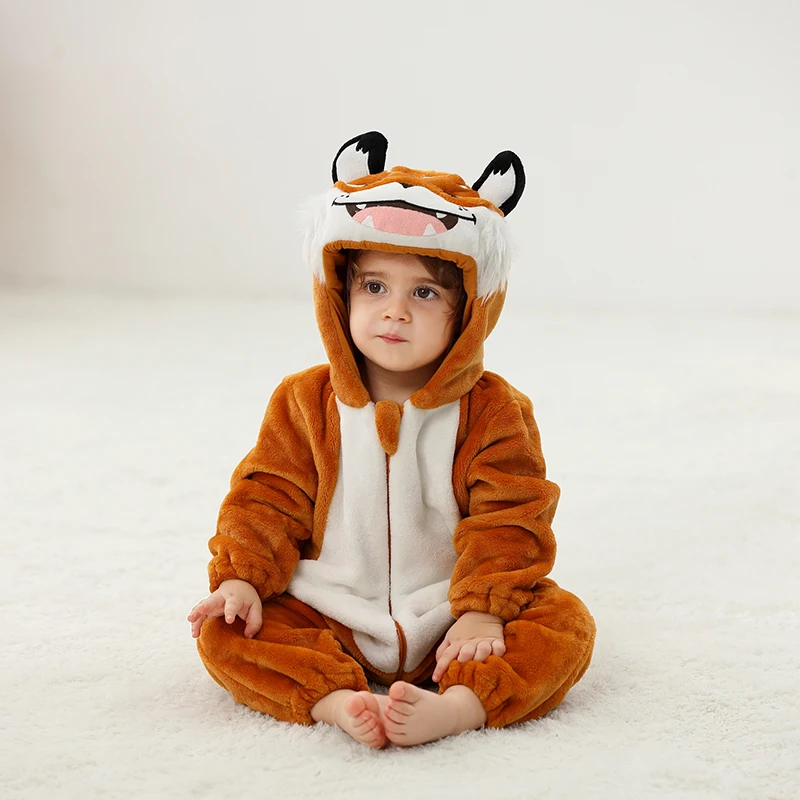 Halloween Costume Winter Thickened Baby Jumpsuit Tiger Romper Hooded Plush Toddler  Warm Zipper Outerwear Newborn Gift