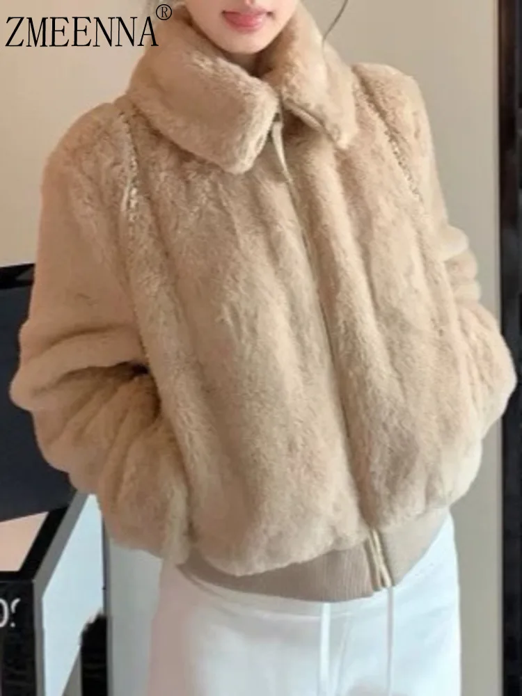 

ZMEENNA женская короткая куртка из искусственного меха, пушистое пальто с отложным воротником, полная молния, ребристый подол, манжета, теплая верхняя одежда ZM4453
