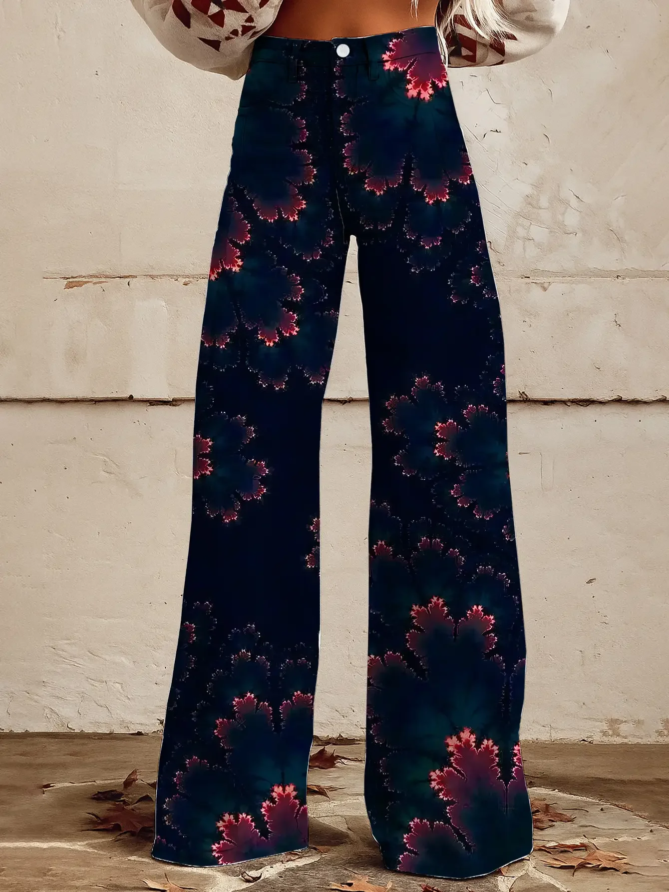 Fashionable and casual tropical rainforest printed loose trumpet imitation jeans