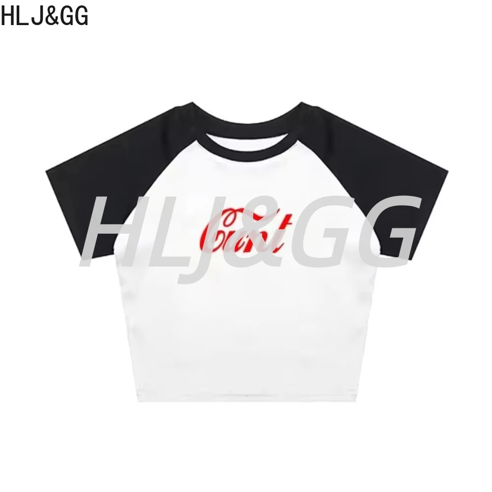 HLJ&GG Tendenza estiva Stampa di lettere Set da due pezzi Donna Girocollo Manica corta Slim Crop Top e gonne di jeans Abiti Streetwear