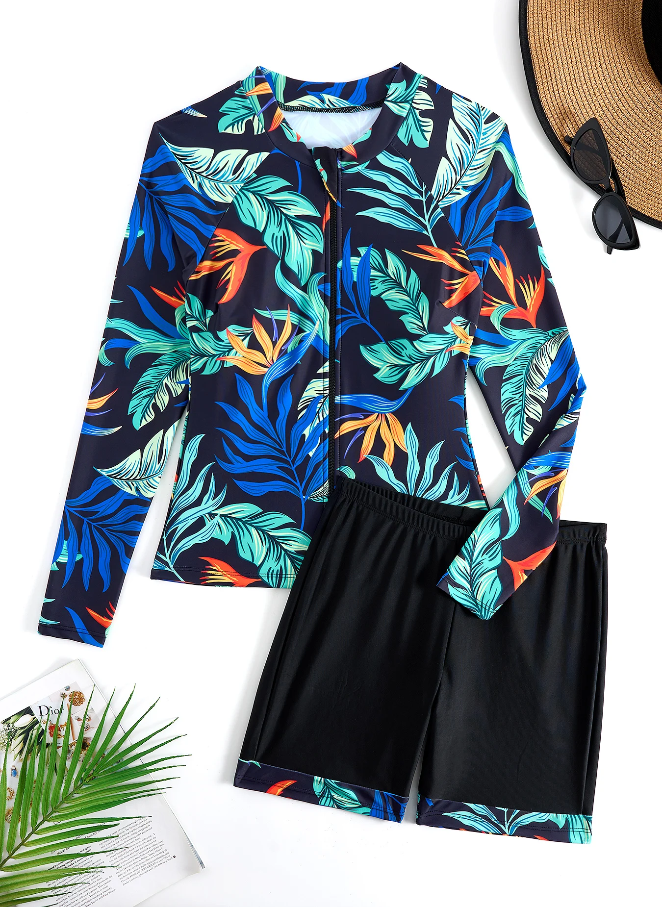 

2026 Leaves Rushguard Long Sleeve Surfing Swimsuit Women Two Pieces Swimwear Female Bathers Bathing Swimming Swim Suit XXL