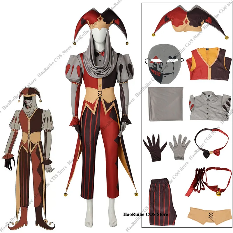 Kingdom of Marionettes Jestyn Clown Cosplay Costume Gothic Jester Uniform Halloween Carnival Party Roleplay Outfit With Hat Mask