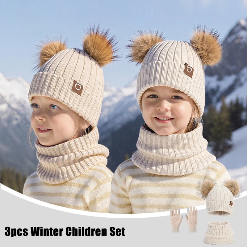 

3Pcs/set Children Hat Scarf Gloves Winter Knitted Hats for Boys Girls Plush Velvet Thicken Beanie with Double Hair Ball 4-10Y