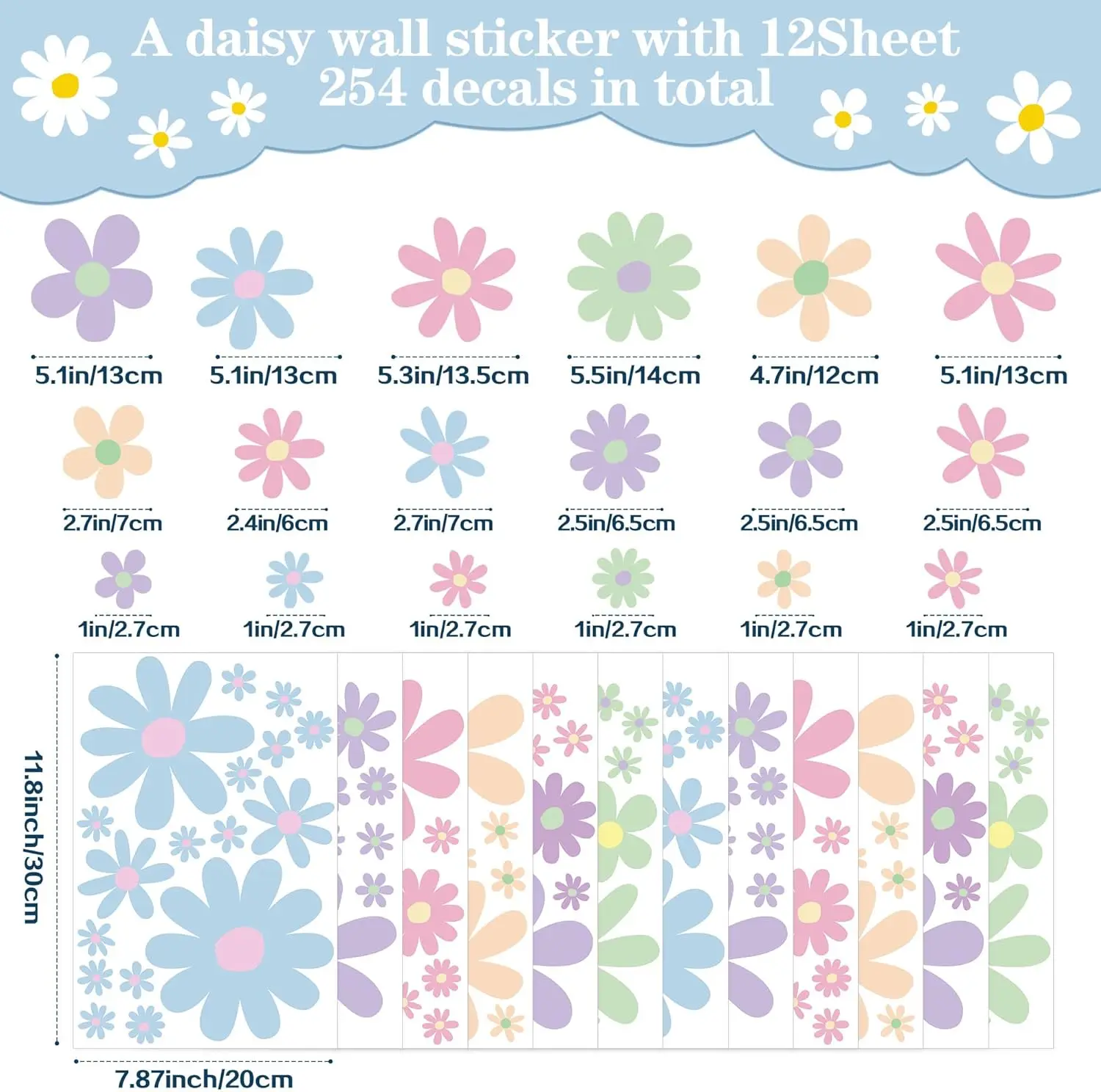 12 Sheets Daisy Wall Decals Boho Flower Wall Stickers Cute Room Decor Peel and Stick Floral Decals