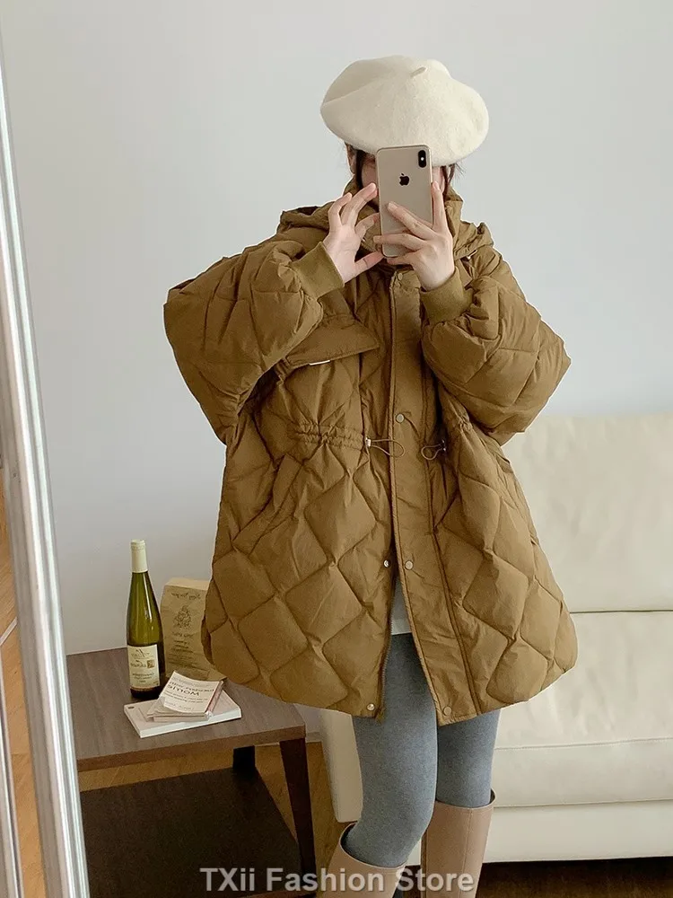 New Winter Ultra Light 90% White Duck Down Coat Hooded Warm Parka Outwear Female Casual Zipper Loose Puffer Jacket 2023