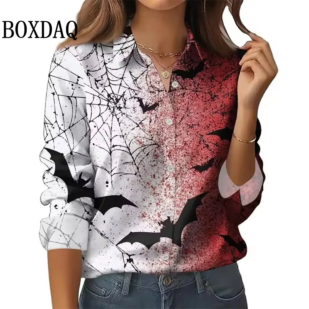 

New 2025 Women's 3D Printed Bat Spiderweb Long Sleeve Shirt Fashion Halloween Party Casual Daily Lapel Ladies Long Sleeve Shirts