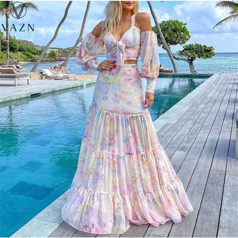 Hot List Young High-end Sexy Sweet Print Full Sleeve Off Shoulder Chiffon High Waist Women A-Line Maxi Dress