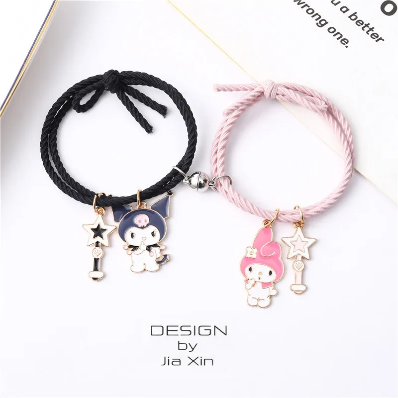 Sanrio Anime My Melody Kuromi pulseras lindas de dibujos animados con bola magnética banda de goma Kawaii regalos juguetes para pareja mejor amiga