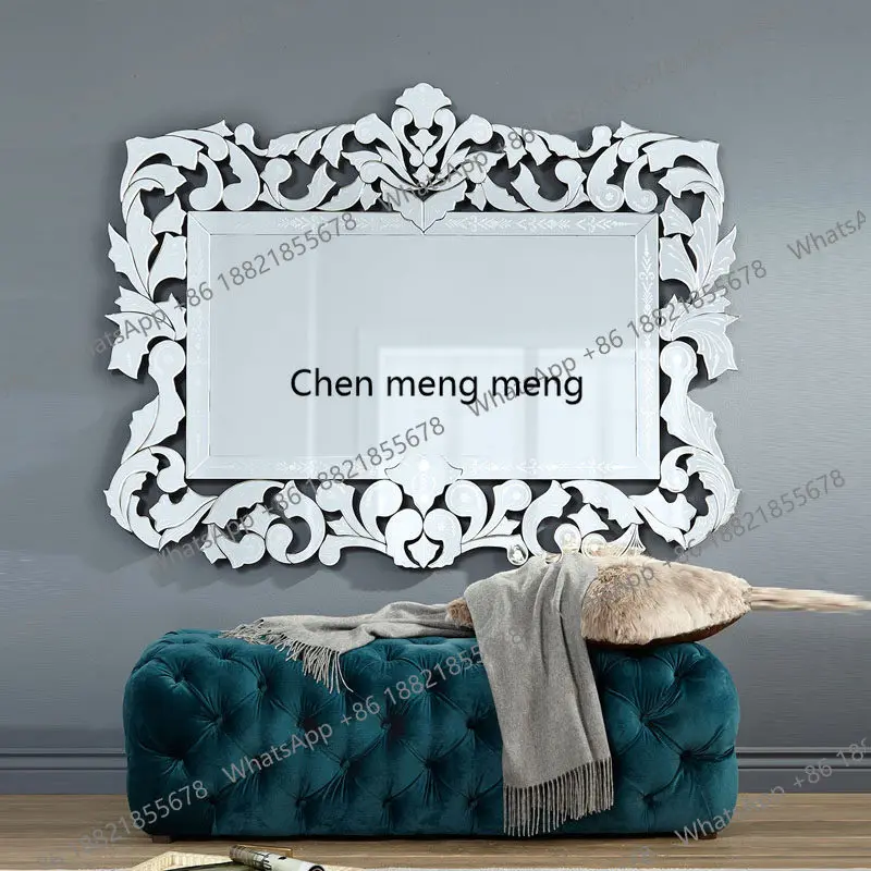 European bathroom cosmetic mirror wall hanging neoclassical entrance background wall decorative mirror carved mirror