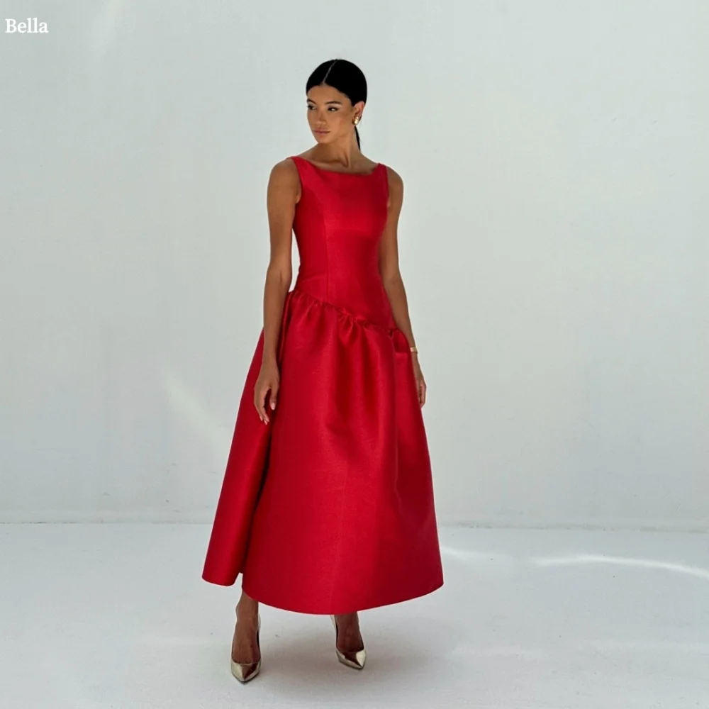 

Bella Customized Red A-line O-Neck Backless Satin robes de soirée Sleeveless Party Dresses Ankle-Length Strapless Prom Dress