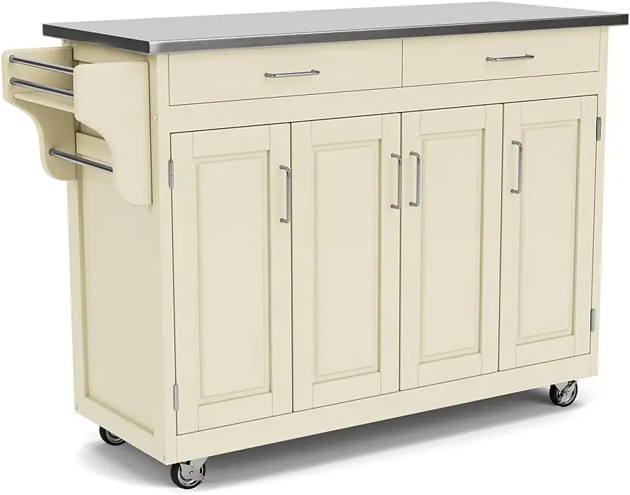 

White Finish Steel Top Cabinet w/ Four Wood Panel Doors, 3 Adjustable Shelves, 2 Drawers, 2 Towel Bars and Rubber Casters