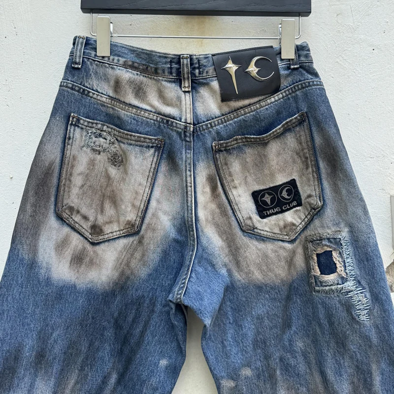 힙합 스타일 빈티지 데미지 라인 찢어진 바지 유럽 미국 하이 스트리트 트렌드 남녀 데님 바지 쓰그 클럽 청바지