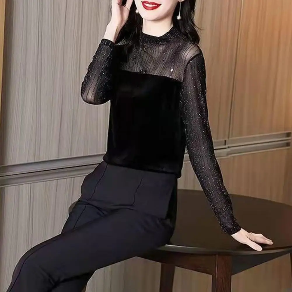 

Women Shirt Shiny Stripe See-through Long Sleeve Stand Collar Top Solid Color Soft Pullover Commute Lady Blouse Top 여성용 레이스 상의