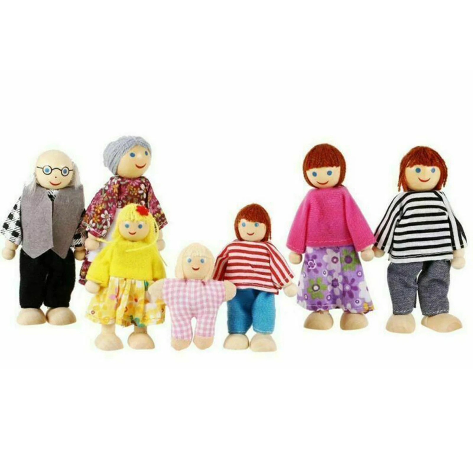 Small Wooden Toys Set Dollhouse People Family Dolls Figures Dressed Characters Wooden Dollhouse Family Set Of 7 Mini People