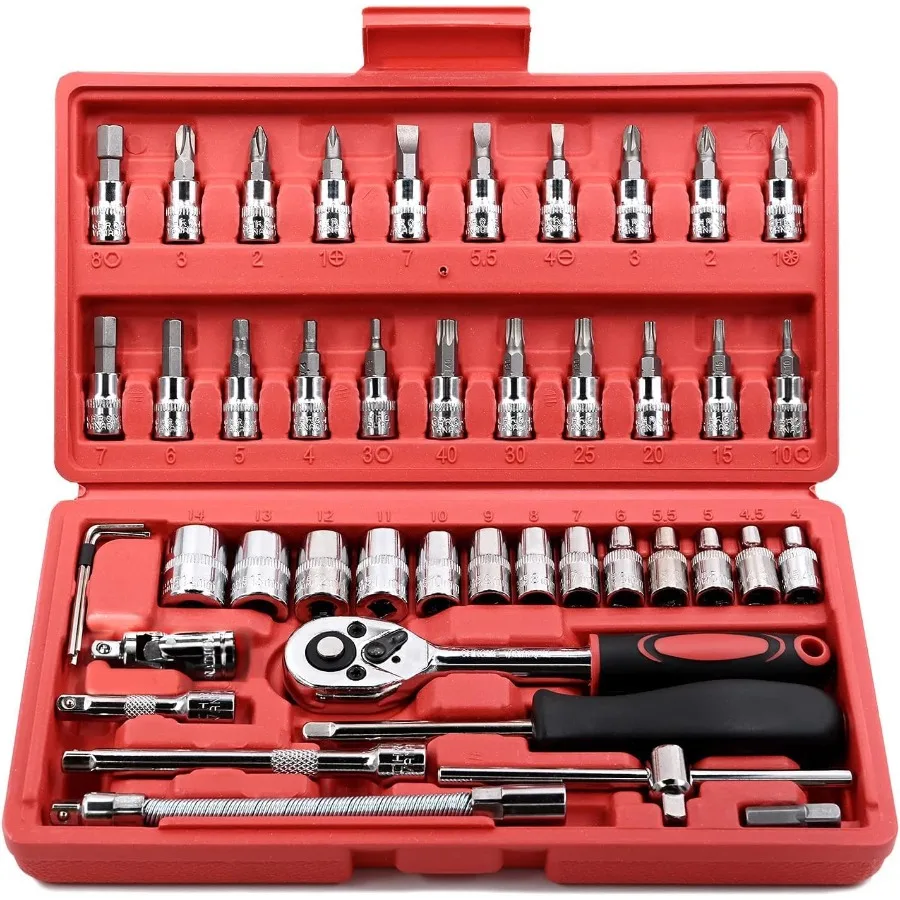Set di 46 chiavi a cricchetto a bussola da 1/4 pollici con set di bussole per punte in dimensioni metriche e barra di prolunga per riparazioni automobilistiche