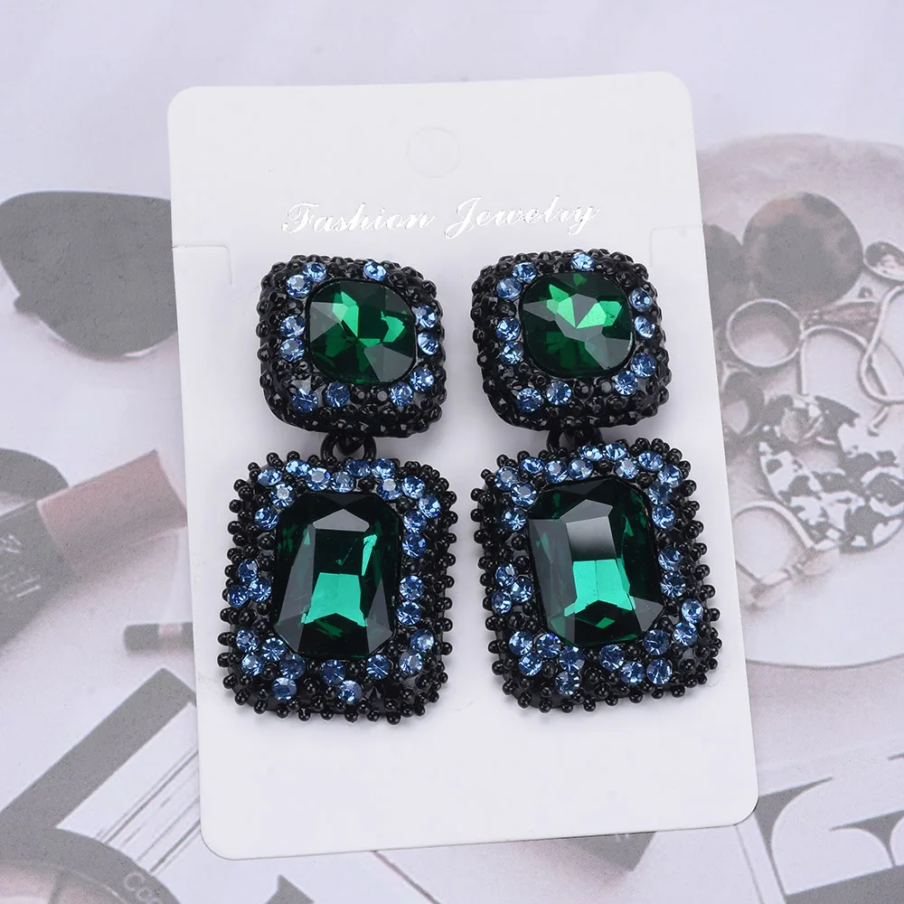 2025 New Red Blue Green White Crystal Rhinestone Square Shape Statement Large Earrings Women Indian Retro Earrings Jewelry