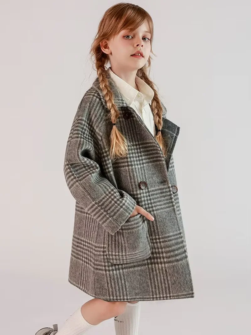 Girls Winter Coat New Fashion Children's Double-Sided Wool Plaid Trench Coat Mid-Long Blazer Collar Outerwear 100-170CM