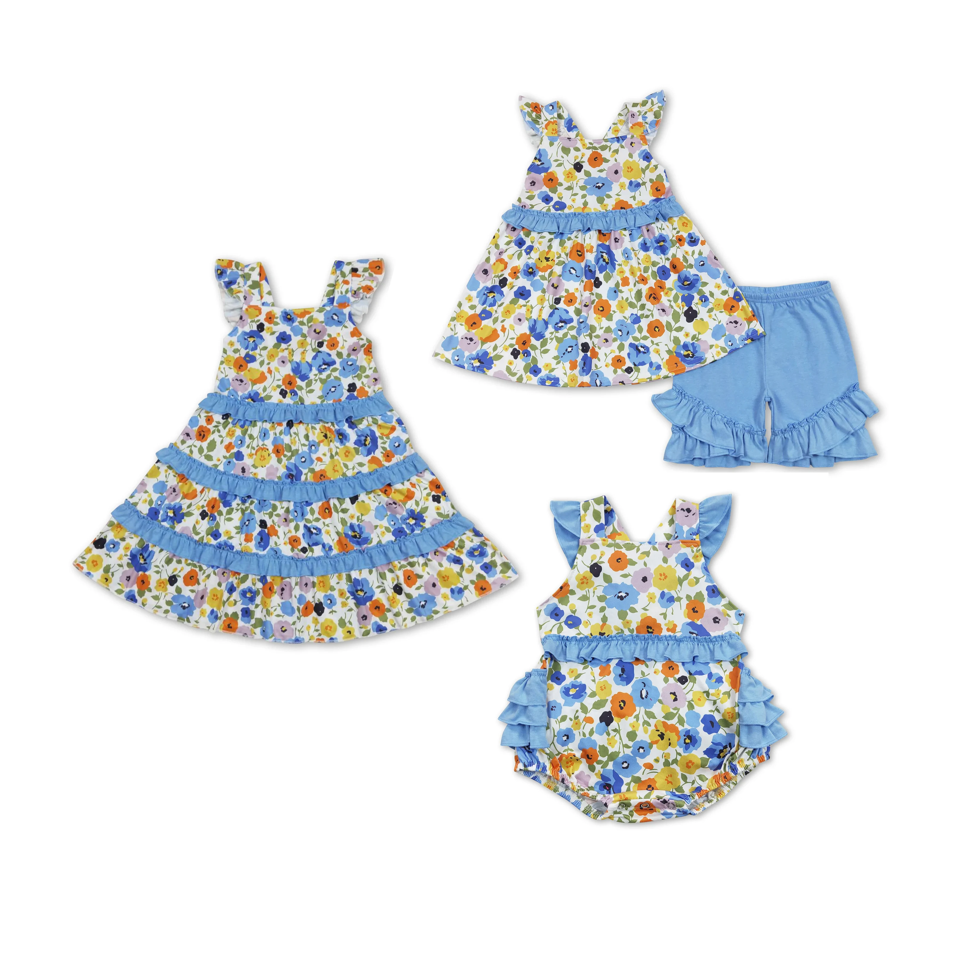 Girls Summer Clothes Short Sleeve Flower Print Set Dress And Romper Kids Matching Clothes Baby Sibling Outfits