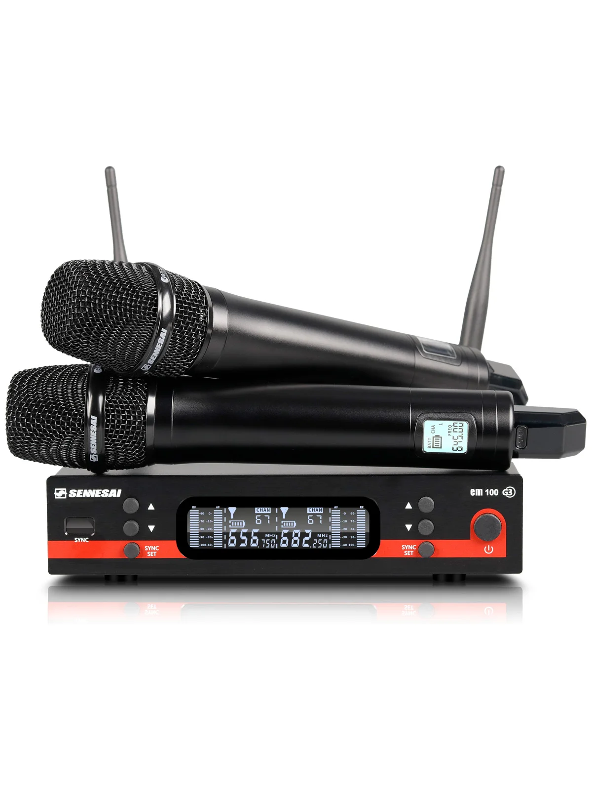 SENNESAI Em100g3 Professionelles Duales Drahtloses Mikrofon für Bühnenauftritte 2 Kanäle 600MHz UHF Karaoke Dynamisches Metall-Handmikrofon