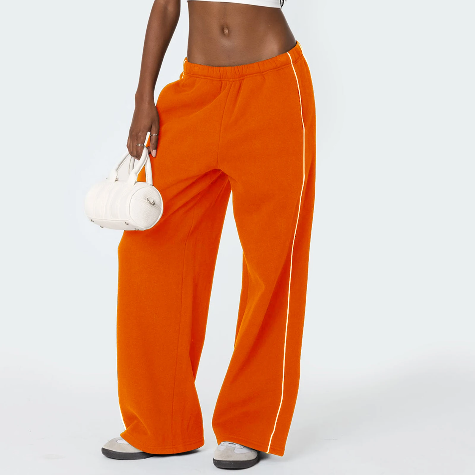 Women Fall Sweatpants White Trim Elastic Waist Loose Sports Trousers with Pockets