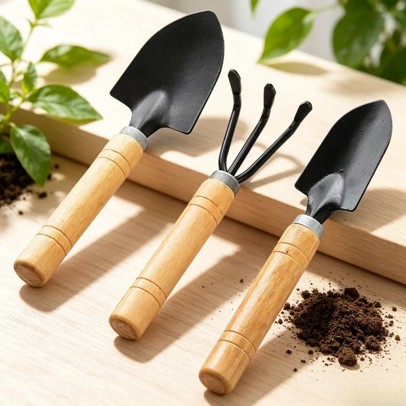 Wooden Handle 3pcs Garden Tools  Mini Shovel Rake for Balcony Succulents Planting Soil Loosening and Transplant Work